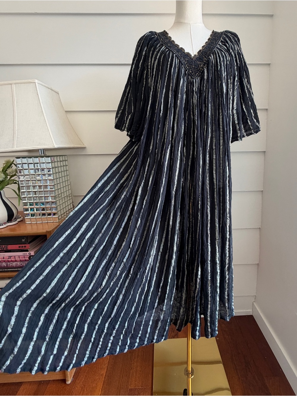 Vintage Cotton Gauze Metallic Stripe Tent Kaftan Dress Made in Greece